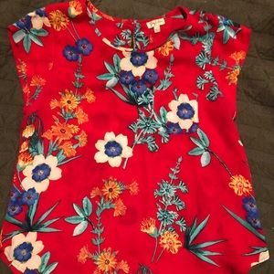 Red floral blouse.